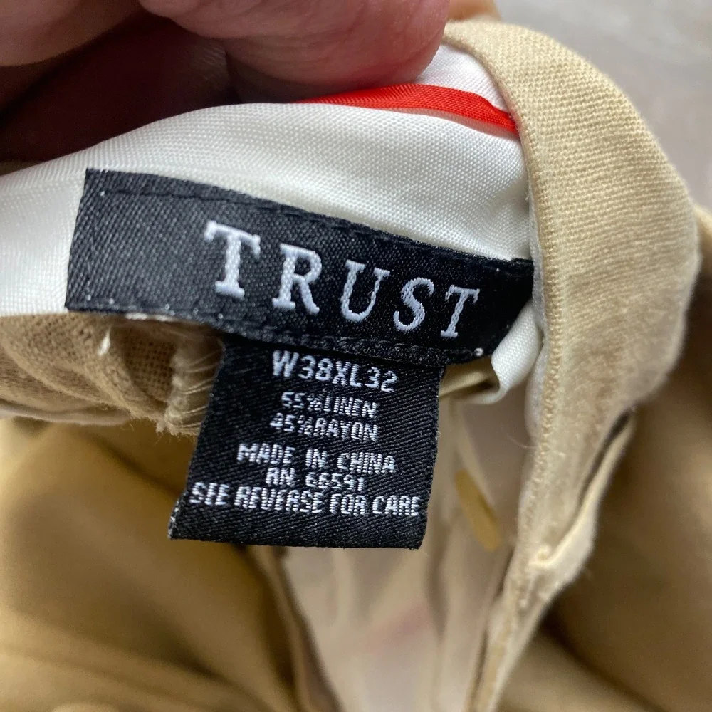 Trust Dress Pants Mens 38x26 Beige Linen Blend Pleated Wide Leg Casual Summer